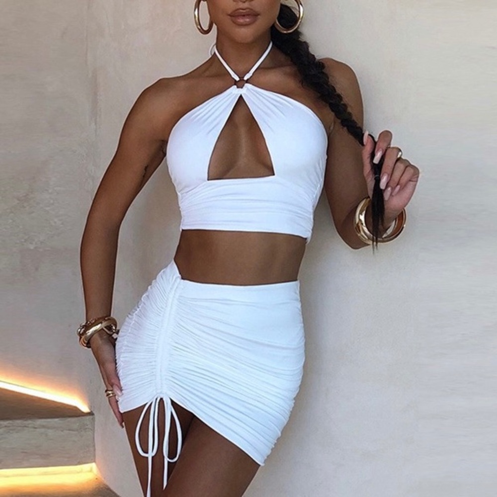 Sexy white cross over halter hollow out minidress